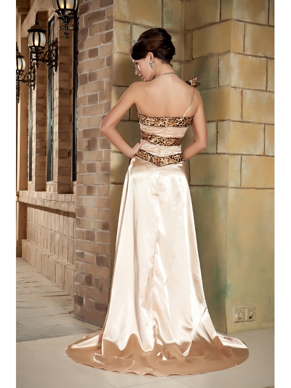 One Shoulder Champagne Brush Prom Gown with Print