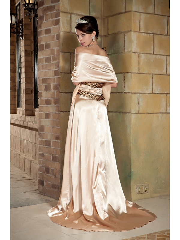 One Shoulder Champagne Brush Prom Gown with Print