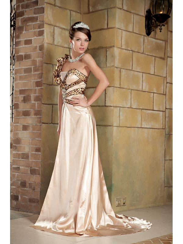One Shoulder Champagne Brush Prom Gown with Print