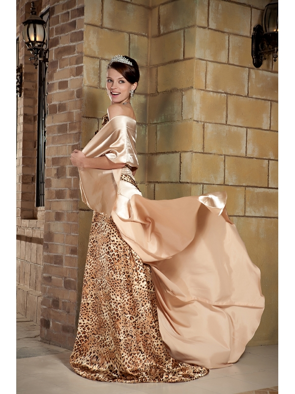 One Shoulder Champagne Brush Prom Gown with Print