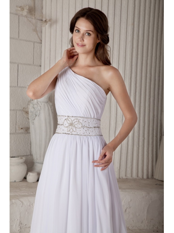 Informal Empire One Shoulder Court Train Beading Wedding Dresses