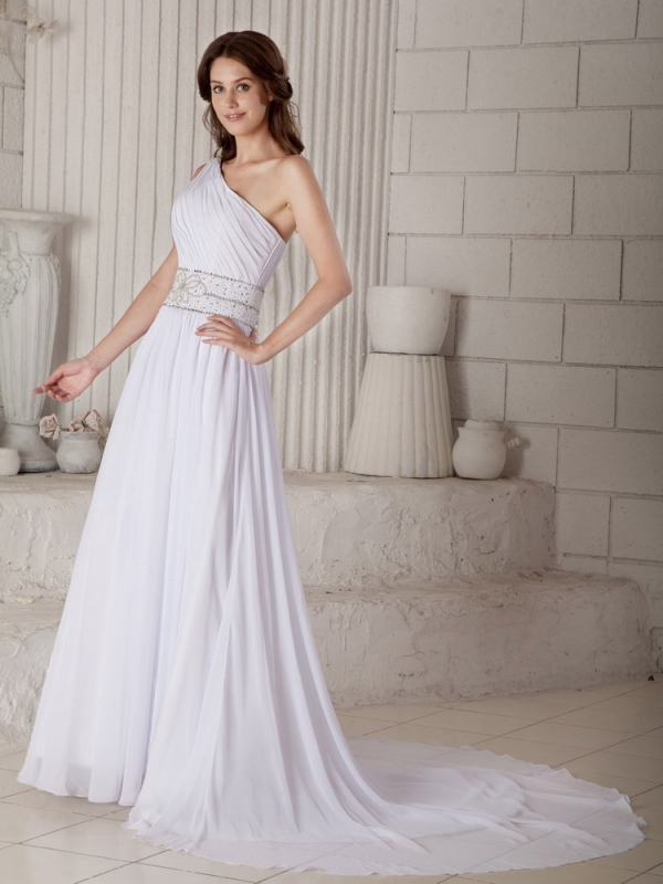 Informal Empire One Shoulder Court Train Beading Wedding Dresses