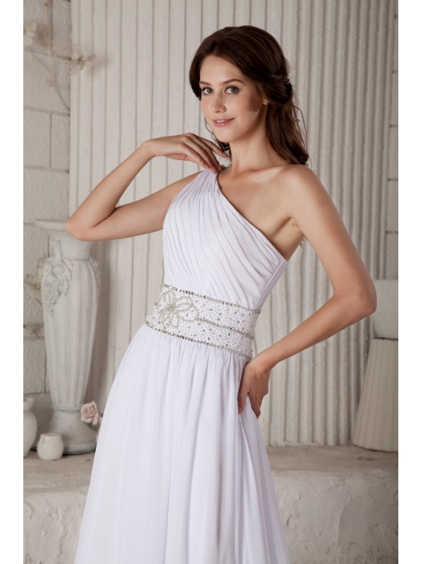 Informal Empire One Shoulder Court Train Beading Wedding Dresses