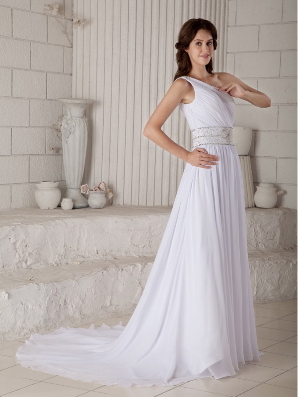 Informal Empire One Shoulder Court Train Beading Wedding Dresses