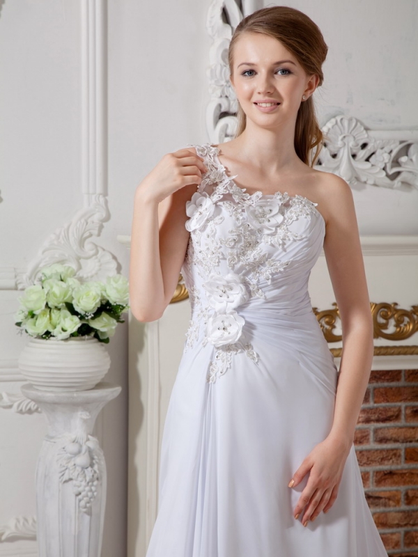 Wonderful One Shoulder Appliques Wedding Dresses with Flowers
