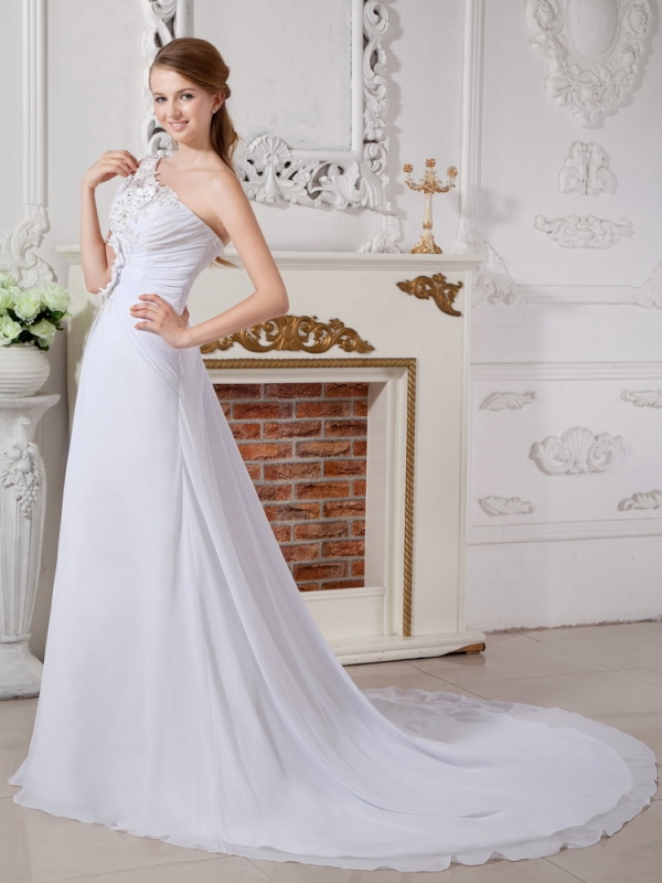 Wonderful One Shoulder Appliques Wedding Dresses with Flowers