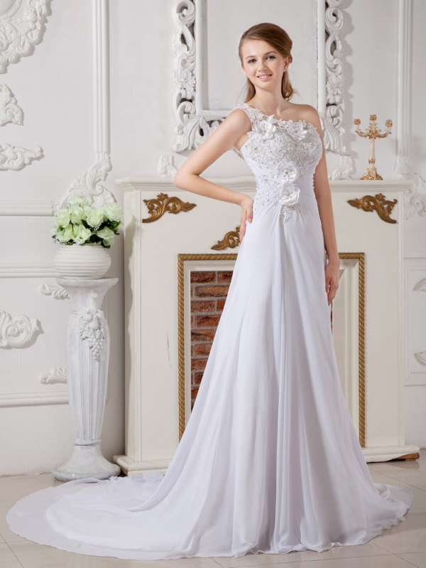 Wonderful One Shoulder Appliques Wedding Dresses with Flowers