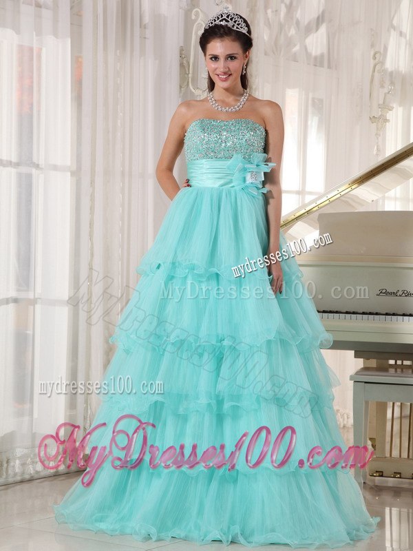 A-line Strapless Apple Green Dresses of 15 Taffeta and Organza Beading