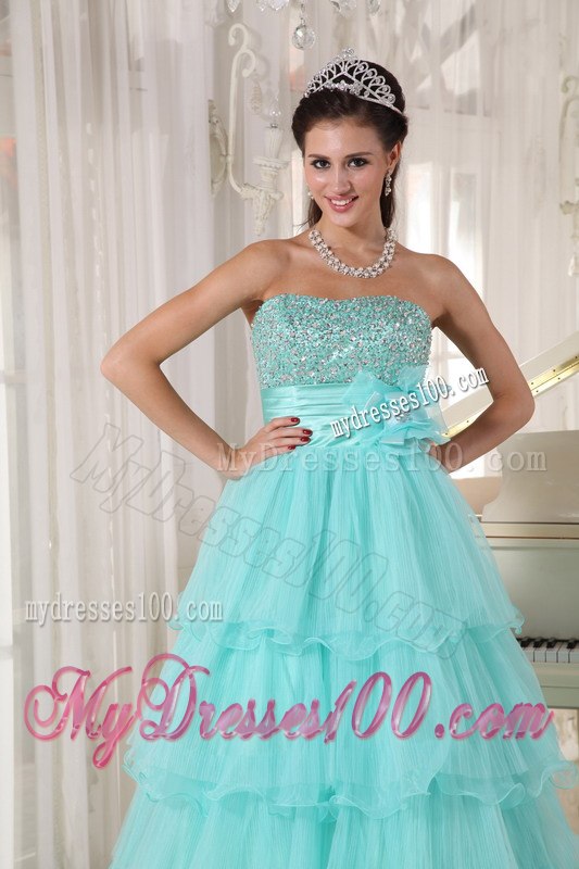 A-line Strapless Apple Green Dresses of 15 Taffeta and Organza Beading