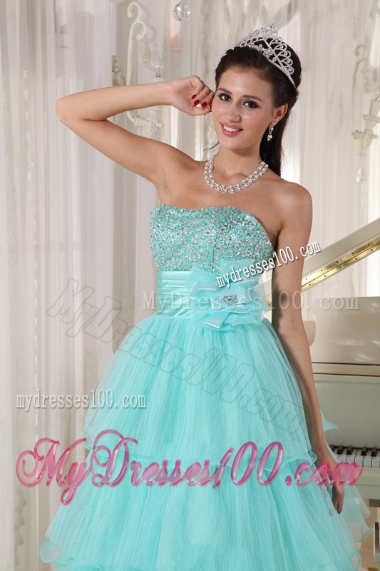 A-line Strapless Apple Green Dresses of 15 Taffeta and Organza Beading