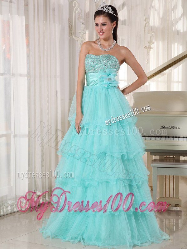 A-line Strapless Apple Green Dresses of 15 Taffeta and Organza Beading