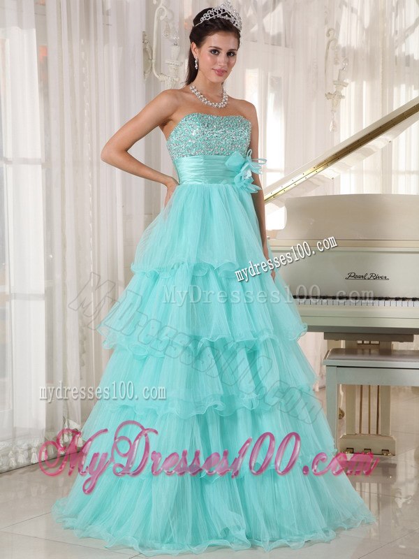 A-line Strapless Apple Green Dresses of 15 Taffeta and Organza Beading