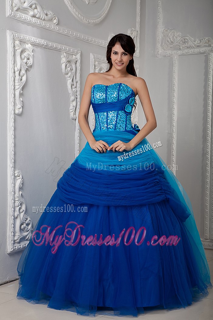 Hand Flowers Blue Sweetheart Ruch Quinceanea Dress with Sequins