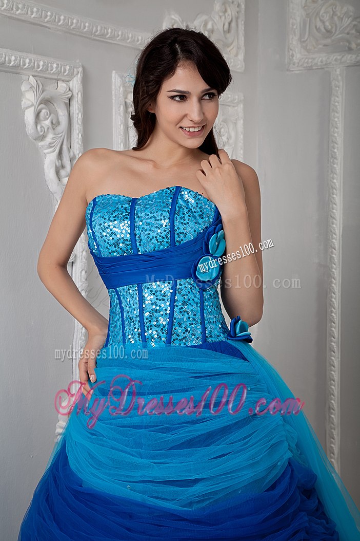 Hand Flowers Blue Sweetheart Ruch Quinceanea Dress with Sequins