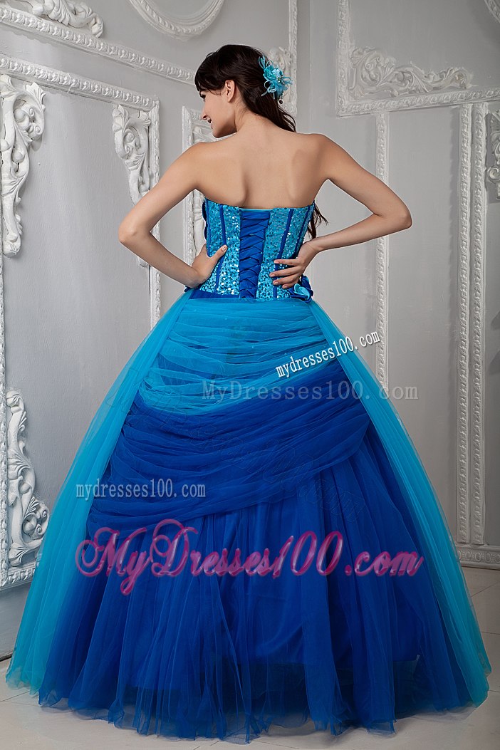 Hand Flowers Blue Sweetheart Ruch Quinceanea Dress with Sequins