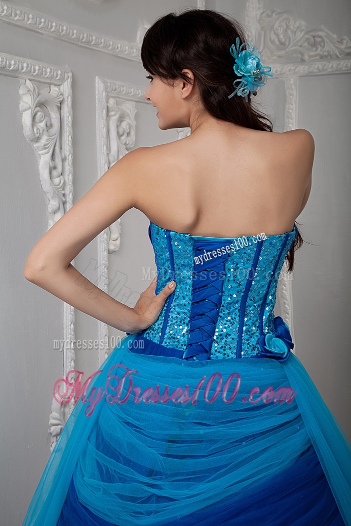 Hand Flowers Blue Sweetheart Ruch Quinceanea Dress with Sequins