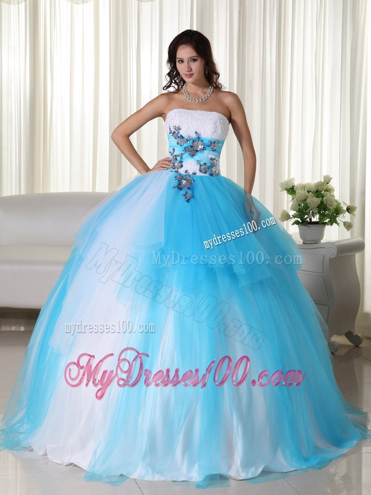 Aqua and White Zipper-up Quinceanera Dress Strapless Tulle Beading