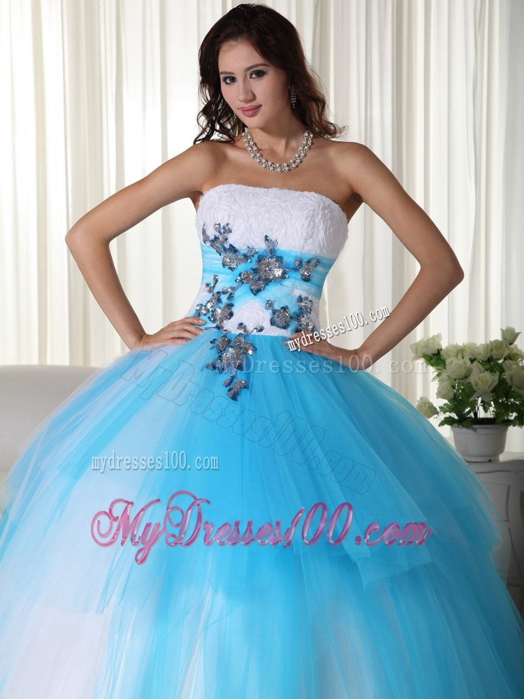 Aqua and White Zipper-up Quinceanera Dress Strapless Tulle Beading