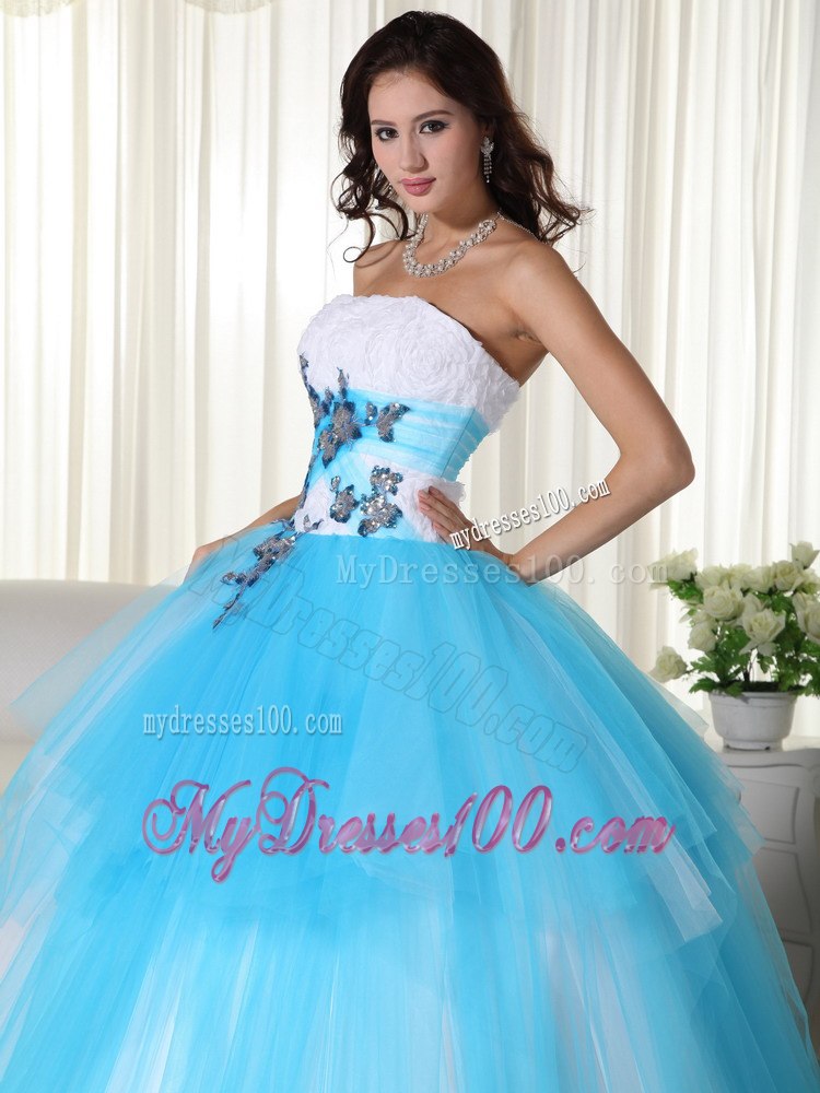 Aqua and White Zipper-up Quinceanera Dress Strapless Tulle Beading