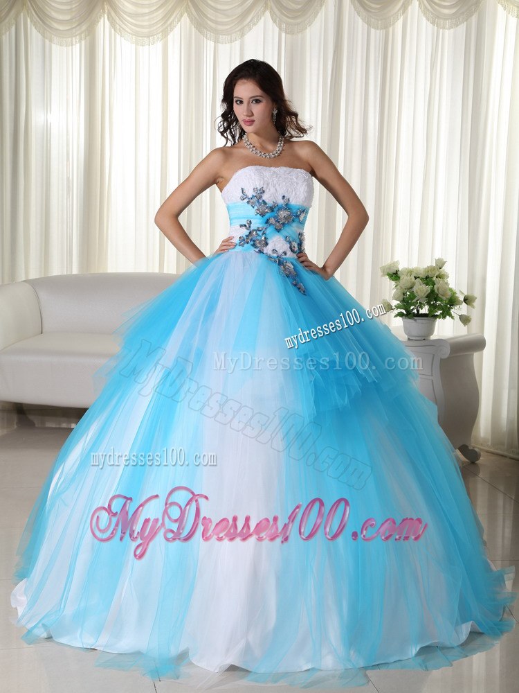 Aqua and White Zipper-up Quinceanera Dress Strapless Tulle Beading