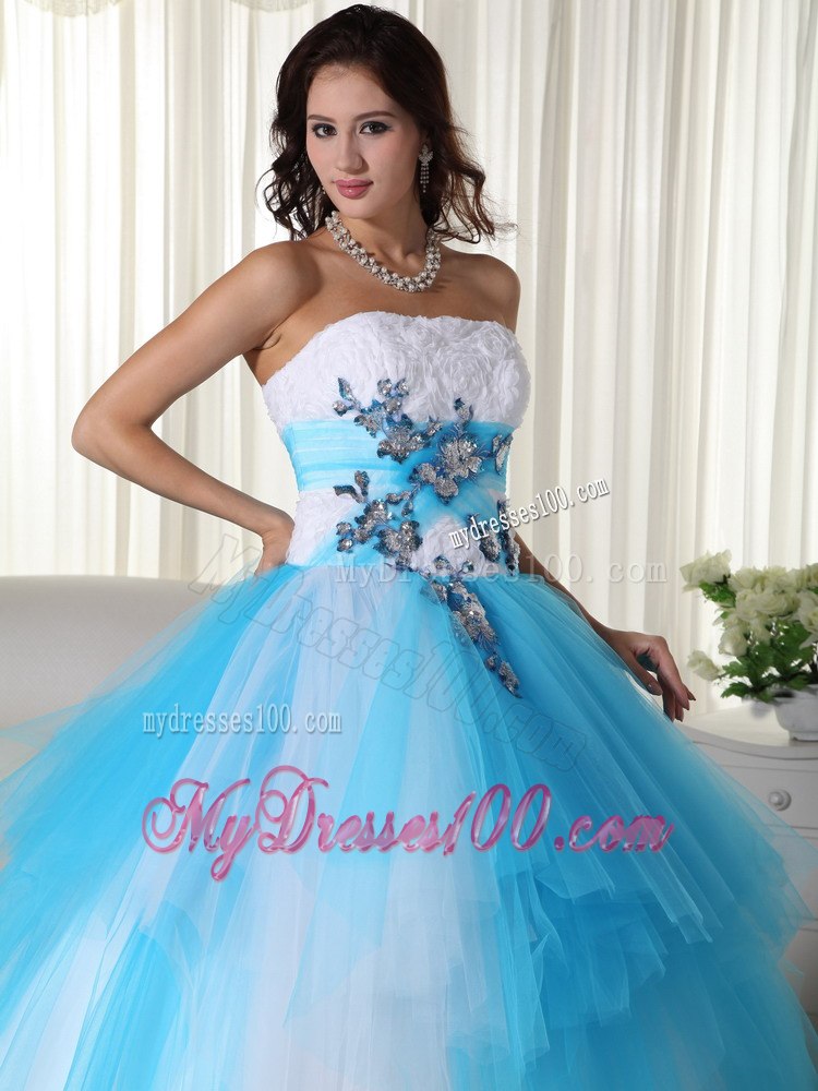 Aqua and White Zipper-up Quinceanera Dress Strapless Tulle Beading