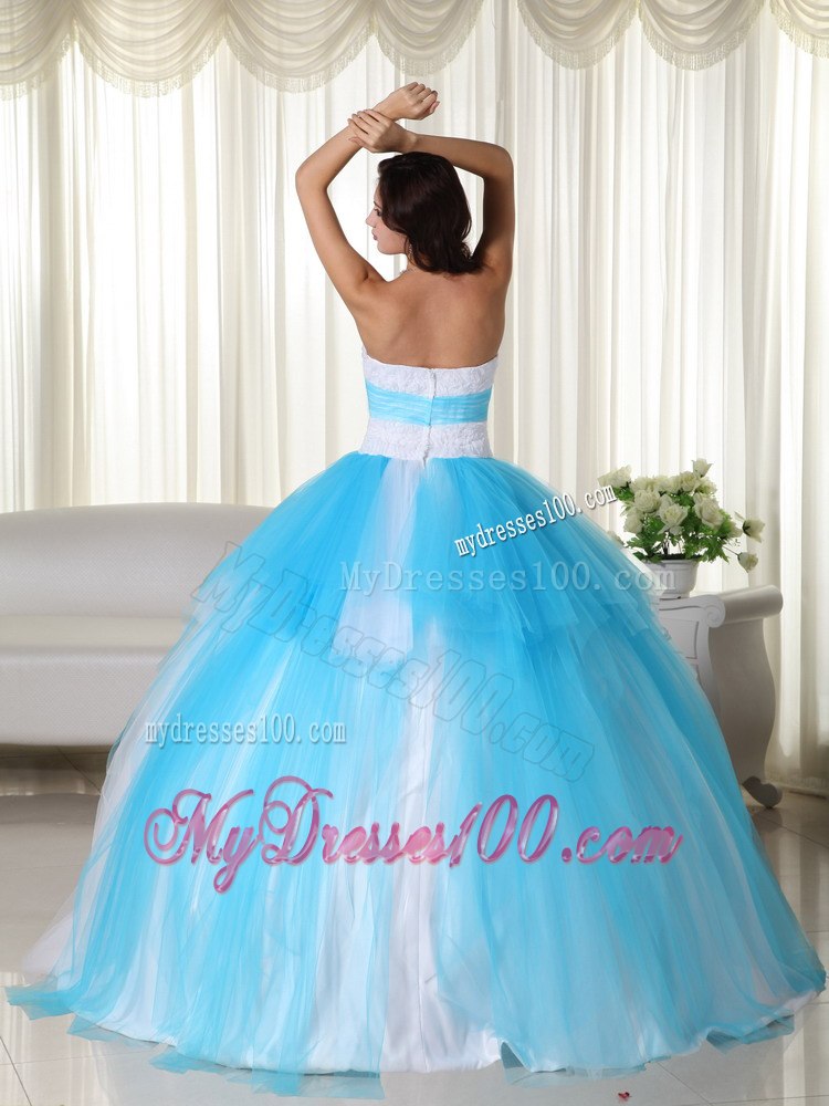 Aqua and White Zipper-up Quinceanera Dress Strapless Tulle Beading
