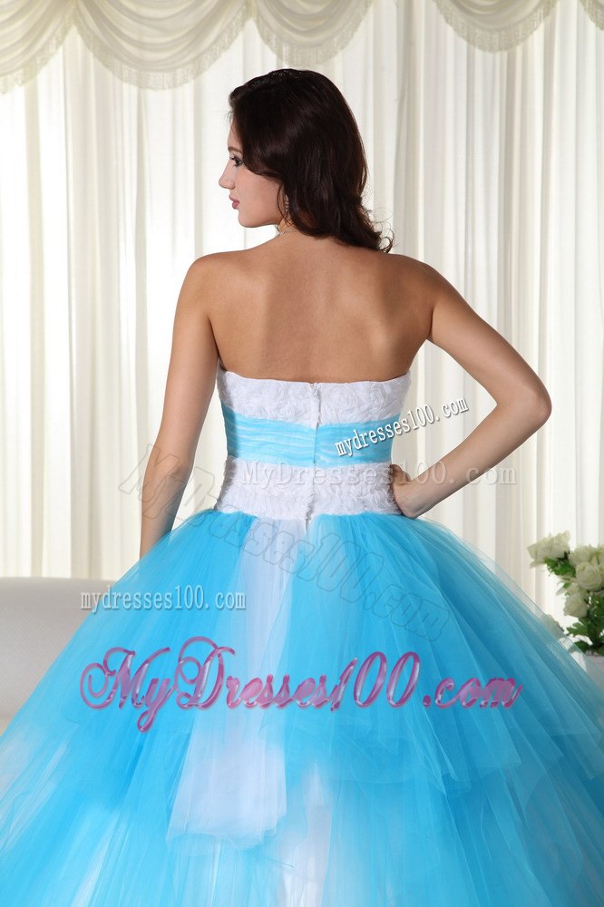 Aqua and White Zipper-up Quinceanera Dress Strapless Tulle Beading