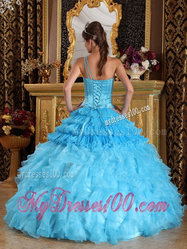 One Shoulder Layers Aqua Blue Sweet 16 Ball Gown Satin and Organza