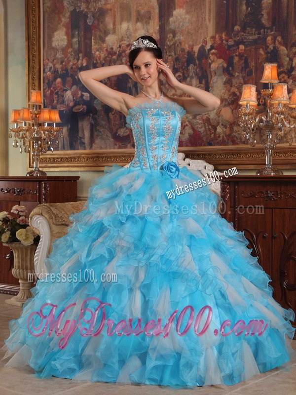 Aqua Blue and White Ball Gown Appliques Organza Quinceanera Dress