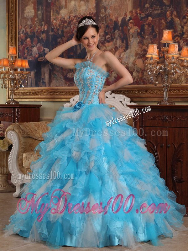 Aqua Blue and White Ball Gown Appliques Organza Quinceanera Dress