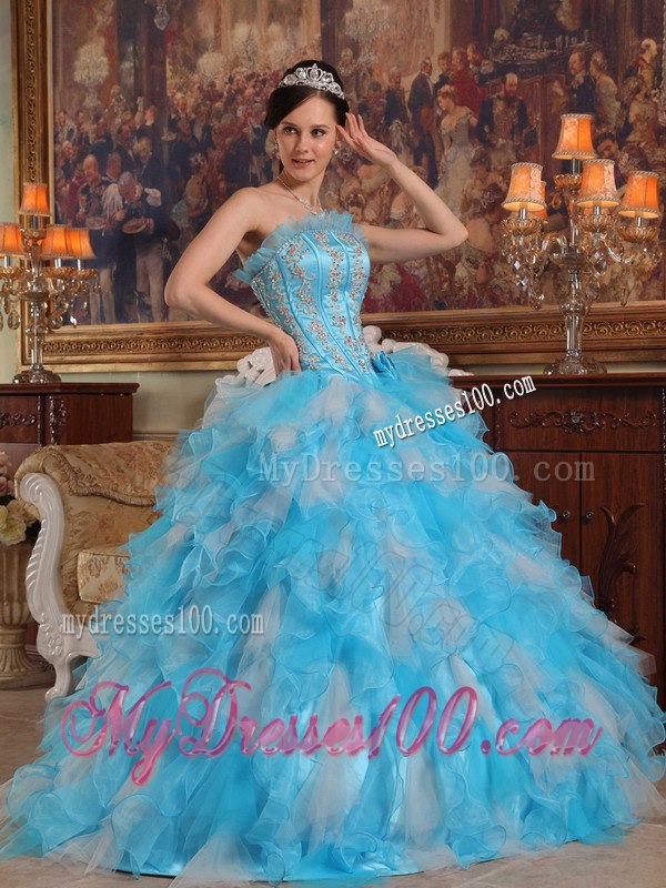 Aqua Blue and White Ball Gown Appliques Organza Quinceanera Dress