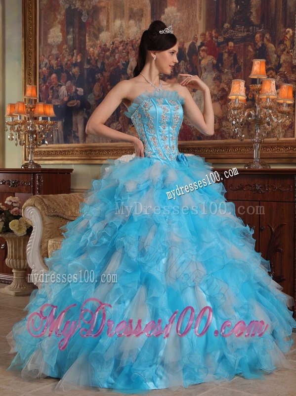 Aqua Blue and White Ball Gown Appliques Organza Quinceanera Dress