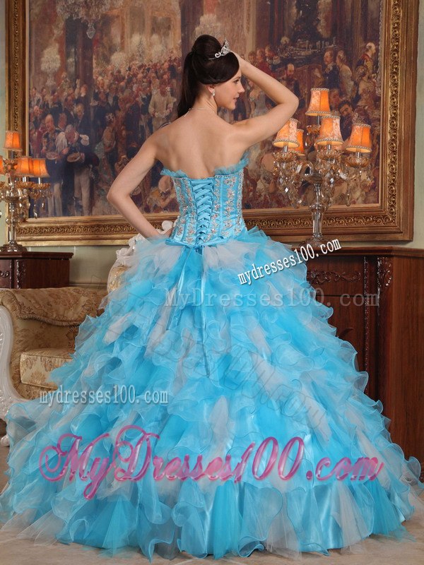 Aqua Blue and White Ball Gown Appliques Organza Quinceanera Dress