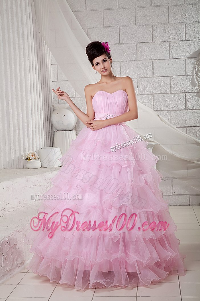 Ruffles Layers Baby Pink Quinceanera Dress Sweetheart Organza Beading