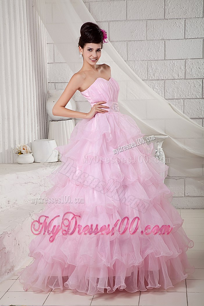 Ruffles Layers Baby Pink Quinceanera Dress Sweetheart Organza Beading