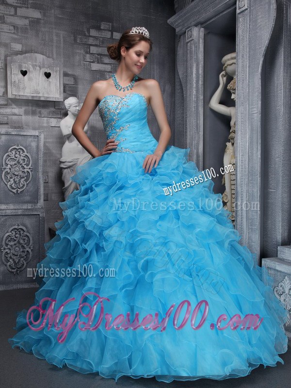 Aqua Blue Quinceanera Gown Sweetheart Floor-length Taffeta and Organza