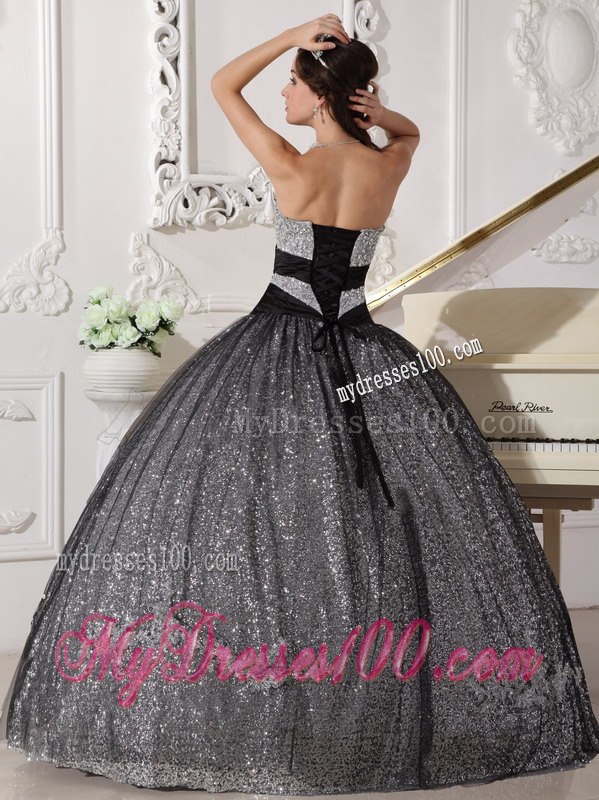 Black and Silver Sweet 16 Dresses Sweetheart Sequined and Tulle Appliques