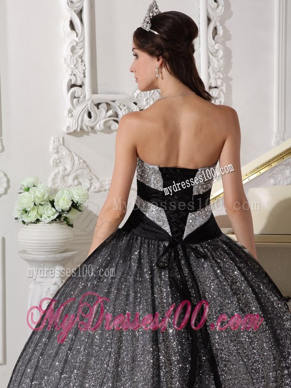 Black and Silver Sweet 16 Dresses Sweetheart Sequined and Tulle Appliques