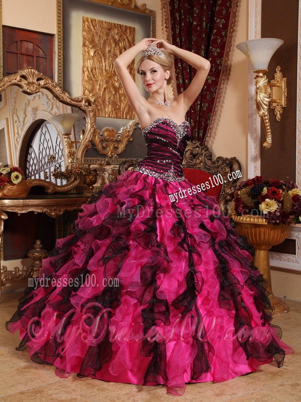 Black and Red Sweet 16 Birthday Ball Gown Sweetheart Beading and Ruffles