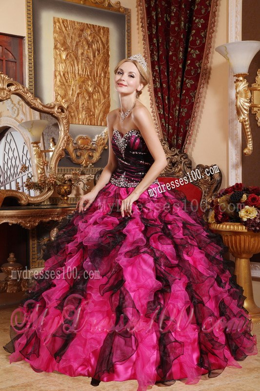 Black and Red Sweet 16 Birthday Ball Gown Sweetheart Beading and Ruffles