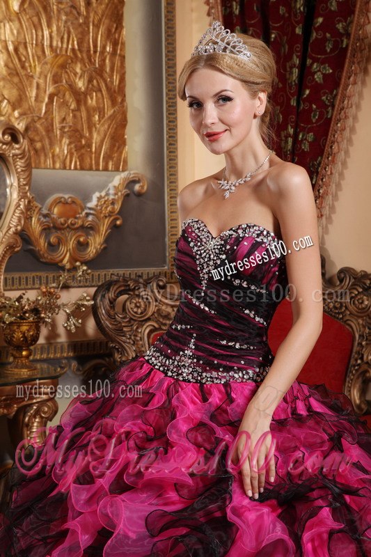 Black and Red Sweet 16 Birthday Ball Gown Sweetheart Beading and Ruffles