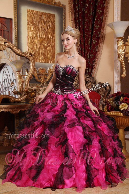 Black and Red Sweet 16 Birthday Ball Gown Sweetheart Beading and Ruffles