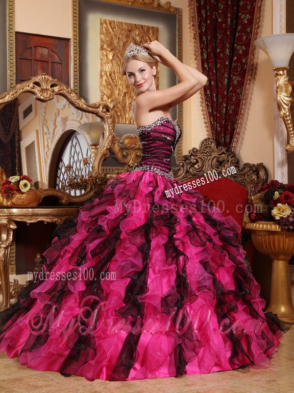 Black and Red Sweet 16 Birthday Ball Gown Sweetheart Beading and Ruffles