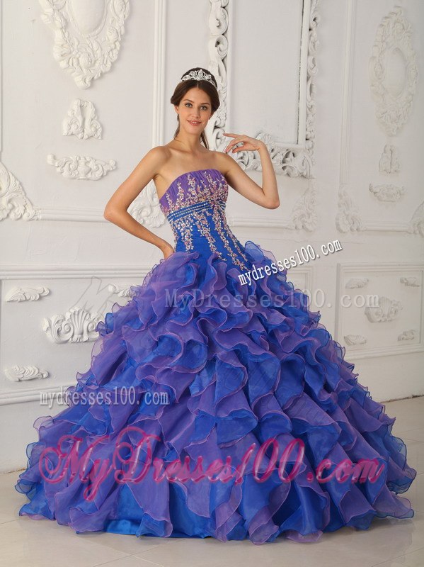 Beading and Appliques Blue Quinceanera Dress Strapless Organza
