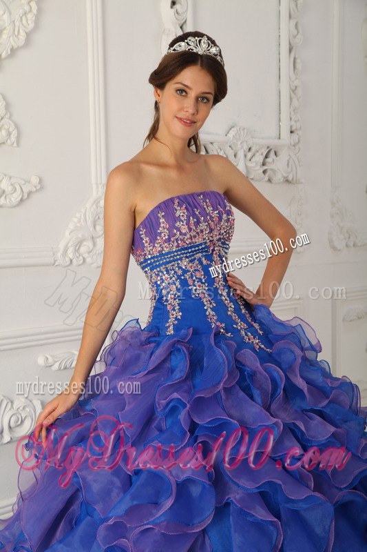 Beading and Appliques Blue Quinceanera Dress Strapless Organza