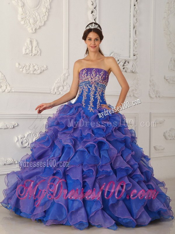 Beading and Appliques Blue Quinceanera Dress Strapless Organza