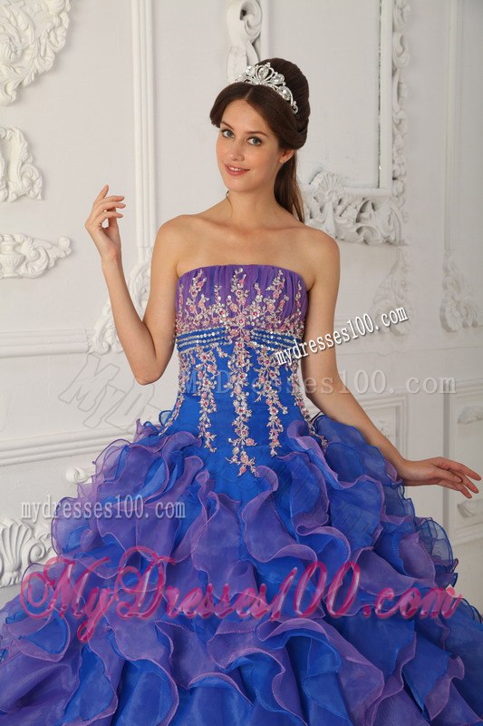 Beading and Appliques Blue Quinceanera Dress Strapless Organza