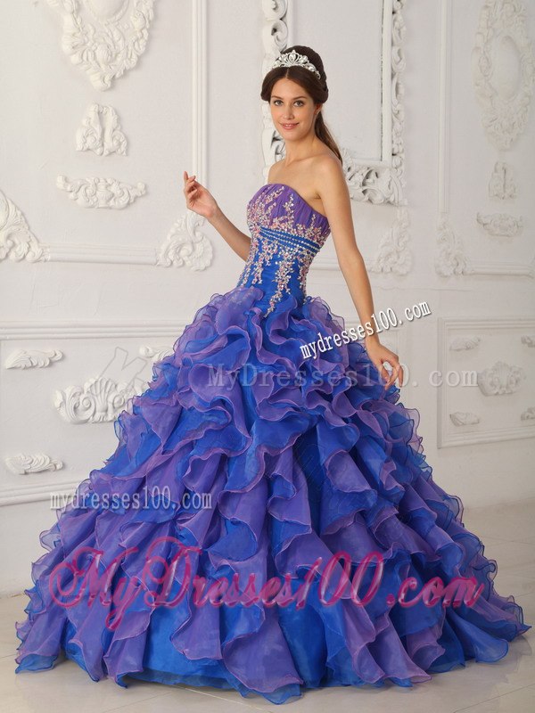 Beading and Appliques Blue Quinceanera Dress Strapless Organza