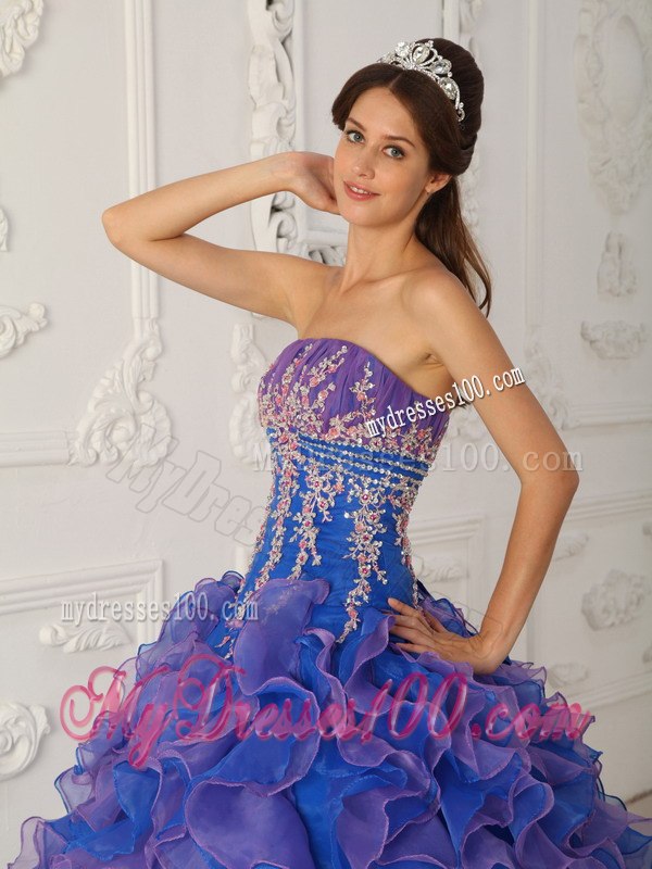 Beading and Appliques Blue Quinceanera Dress Strapless Organza