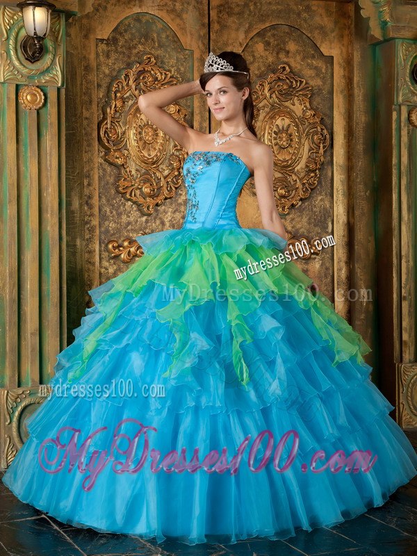 Blue and Green Ruffles Quinceanera Dresses Strapless Floor-length Organza